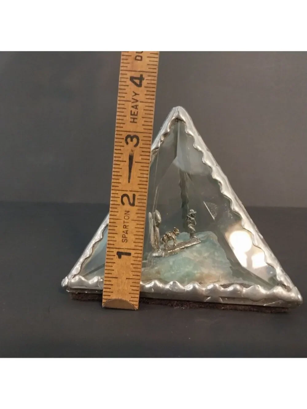 Beveled Glass And Pewter Pyramid Shaped Diorama Gold Miner Cactus Mule Burro